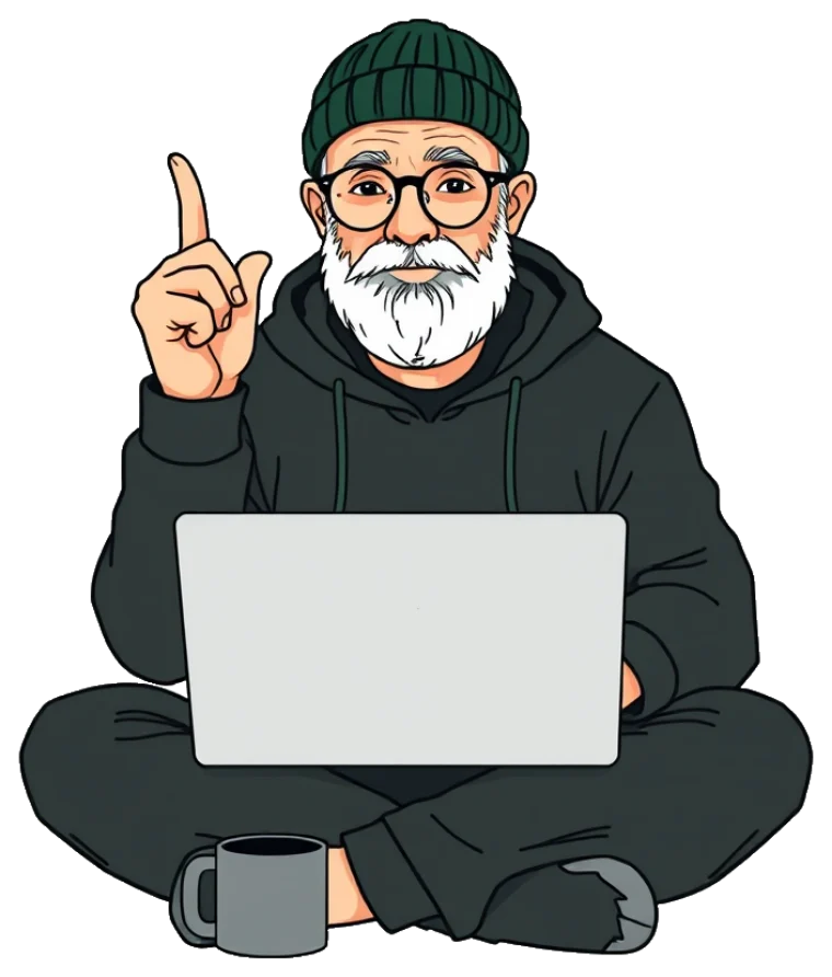 The Guru: an older sysadmin in a green beanie, laptop on his knees, explaining calmly