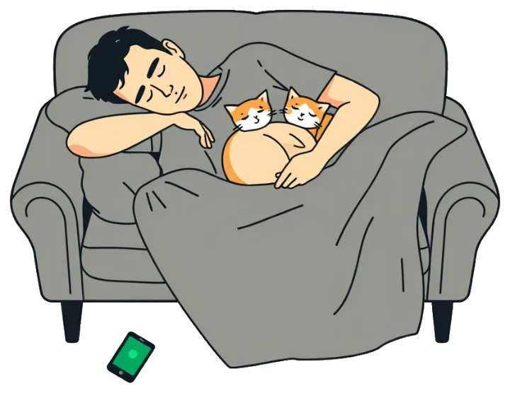 Someone asleep on a sofa with a cat, phone glowing on the floor