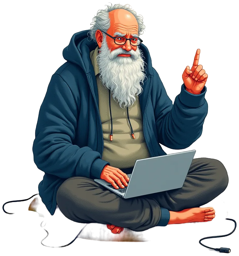 The Guru: an elderly systems administrator in an indigo hooded cardigan, sitting cross-legged with a laptop and a mug of tea